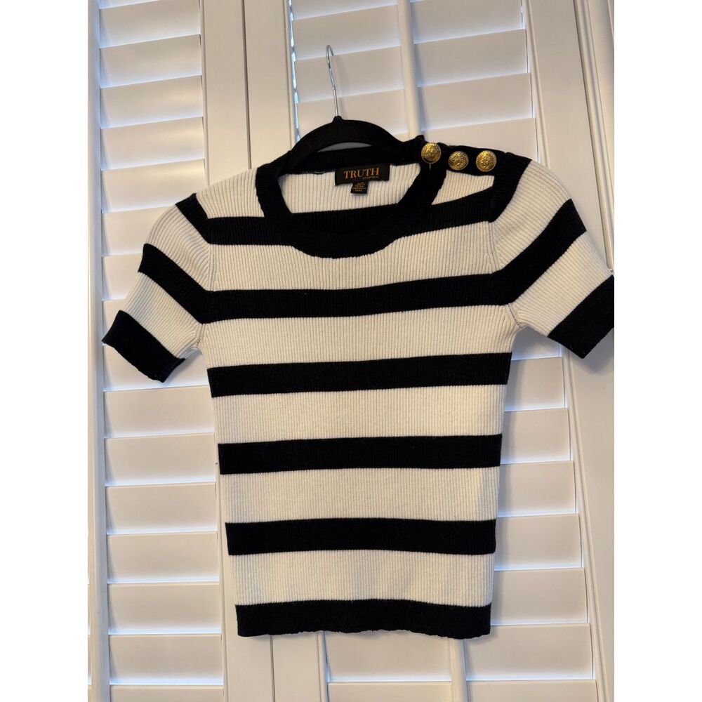 Truth by Republic Striped Ribbed Knit Top Gold Buttons Size S